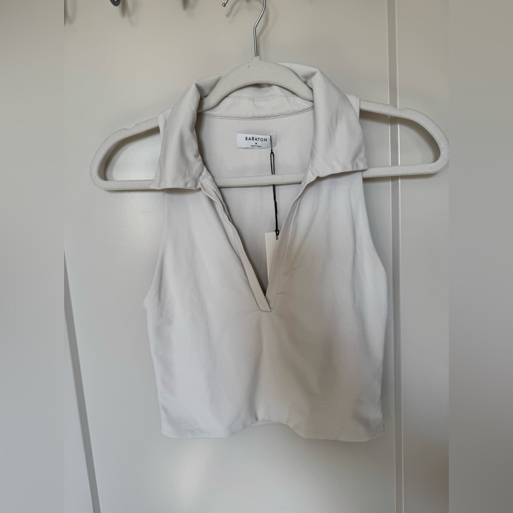 Babaton Contour Sleeveless Cropped Polo Top Deep V-Neck Color Beige Medium